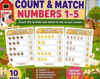 Farm Animals Count and Match Numbers 1-5 Printable Worksheets | Preschool Kindergarten Number Recognition Math Activity | PDF Download