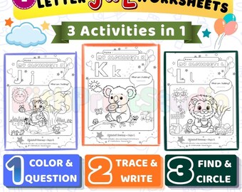 Alphabet Worksheets JKL | Preschool Learning Activities | Tracing, Coloring, Find (Digital Download)
