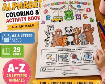 Animal Alphabet Coloring Book, A-Z Animals, Educational Activity, Preschool, Learning, Kids, Count Circle,  Write, Trace (PDF Download)
