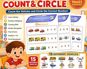 Hoja de trabajo para contar y rodear vehículos del 1 al 5 / Imprimible para contar vehículos / Actividad numérica para preescolar / 5 páginas / PDF tamaño carta estadounidense A4