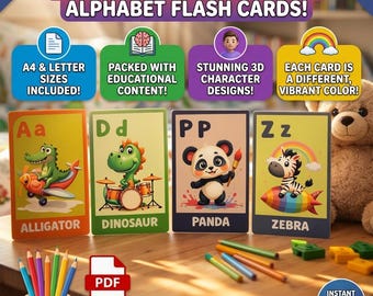 Tarjetas didácticas del alfabeto animal de la A a la Z, actividad de aprendizaje para niños pequeños en edad preescolar (descarga digital)