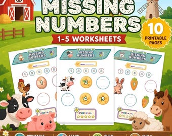 Farm Animals Missing Numbers 1-5 Printable Worksheets | Preschool Kindergarten Number Sequence Math Activity | PDF Digital Download