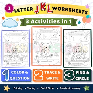 Puede incluir: Hojas de trabajo de aprendizaje preescolar con las letras JKL. La imagen muestra tres páginas de actividades con las letras J, K y L, cada una con un animal diferente. Las actividades incluyen colorear, trazar y encontrar y circular.