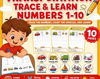 Hoja de trabajo para trazar números de transporte del 1 al 10 / Hoja de trabajo para contar vehículos / Práctica de escritura de números / Material imprimible para preescolar y jardín de infantes / Tamaño carta estadounidense A4