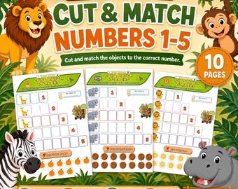 Safari Animals Cut and Match Numbers 1-5 | Printable Preschool Math Worksheet | Fine Motor Activity | Counting Practice | Homeschool PDF |