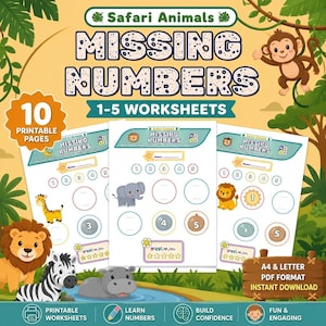 Safari Animals Missing Numbers Worksheets | Preschool Number Sequence Activity | Kindergarten Math Printable PDF