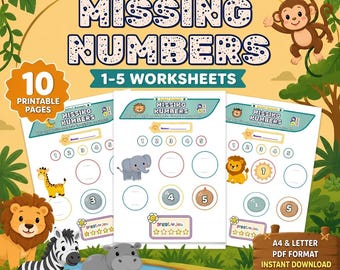 Safari Animals Missing Numbers Worksheets | Preschool Number Sequence Activity | Kindergarten Math Home School Printable PDF