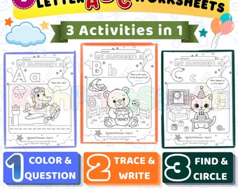 Fichas de trabajo del alfabeto ABC / Actividades de aprendizaje preescolar / Trazar, colorear, buscar (Descarga digital)