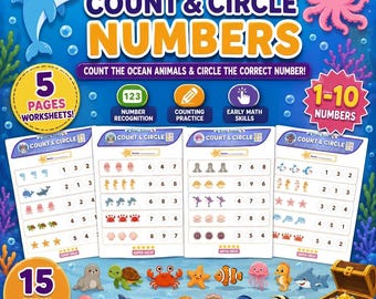 Ocean Animals Count & Circle Numbers 1-10 Worksheets | Preschool Math Activity | Printable Number Recognition | 5 Pages PDF Digital