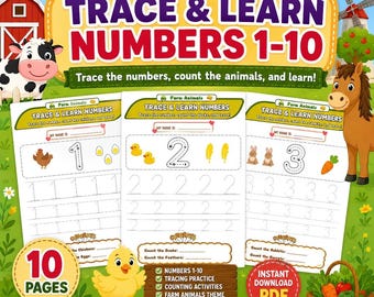 Farm Animals Trace and Learn Numbers 1-10 Printable Worksheets | Preschool Kindergarten Number Tracing Math Activity | PDF Download