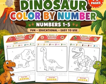 Dinosaur Color by Number Worksheets 1-5 | Preschool Printable Math Activity | Kindergarten Counting Tracing PDF | A4 Letter Download