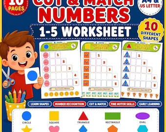Recorta y une formas del 1 al 5 / Hoja de trabajo imprimible para preescolar / Actividad de 10 páginas con números y formas / Tamaño A4 (carta estadounidense) / Descarga digital