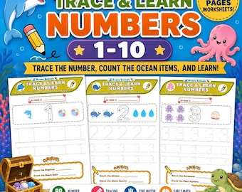 Ocean Animals Trace and Learn Numbers 1-10 Printable Worksheets | Preschool Number Tracing PDF | Kindergarten Math Activity Digital