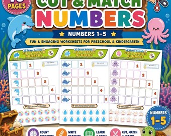 Ocean Animals Cut and Match Numbers 1-5 Printable Worksheets | Preschool Counting Activity PDF | Kindergarten Math | A4 & Letter