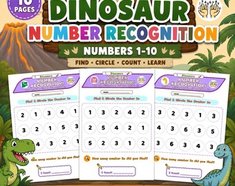 Dinosaur Number Recognition Worksheets 1-10 | Preschool Counting Tracing Writing Printable PDF | Kindergarten Homeschool A4 Letter Digital