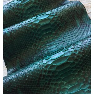 May include: Close-up of a piece of emerald green snakeskin leather. The leather has a textured, scaly pattern with variations in color, from dark green to lighter teal. The surface is glossy, reflecting light.