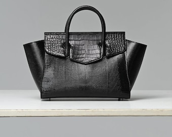 Black Alligator Top Handle Bag : Handmade Alligator Skin Purse | Genuine Exotic Leather Handbags