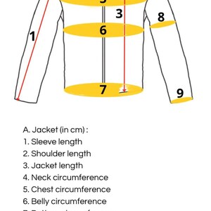 May include: Diagram of a jacket with measurements in centimeters. The diagram shows the sleeve length, shoulder length, jacket length, neck circumference, chest circumference, belly circumference, bottom circumference, biceps circumference, and wrist circumference.