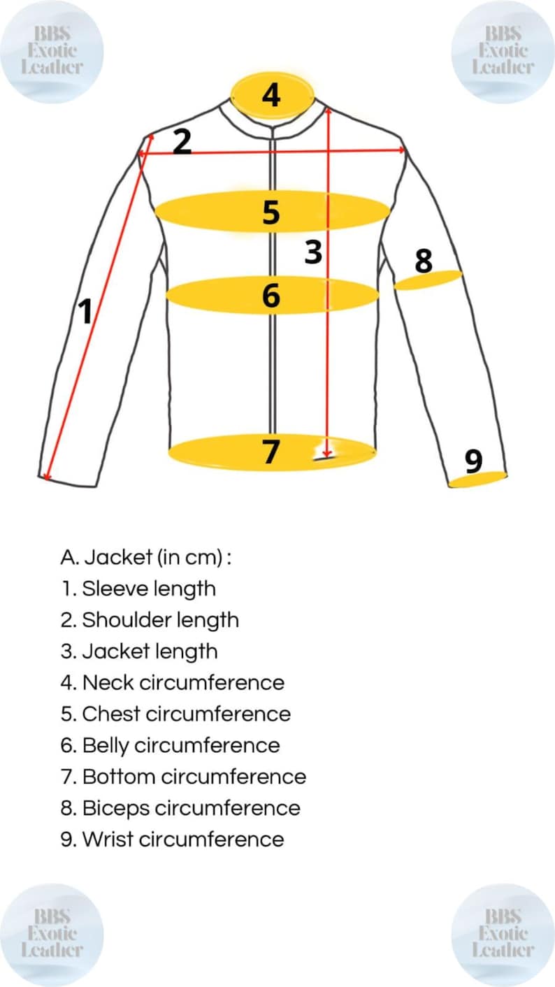 May include: Diagram of a jacket with measurements in centimeters. The diagram shows the sleeve length, shoulder length, jacket length, neck circumference, chest circumference, belly circumference, bottom circumference, biceps circumference, and wrist circumference.