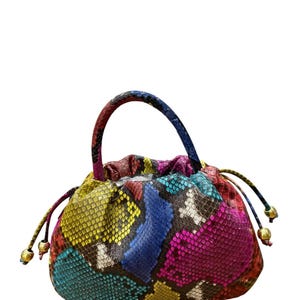 Può includere: Una borsa colorata in stile patchwork con una forma arrotondata e un manico superiore. La borsa presenta una varietà di colori, tra cui giallo, blu, rosa e verde, con un motivo a pelle di serpente. I cordini con accenti dorati fissano la parte superiore.