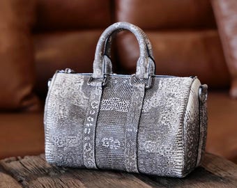 Natürliche Eidechsentasche mit Griff: Handgefertigte Eidechsenledertasche | Echtes exotisches Leder Handtaschen