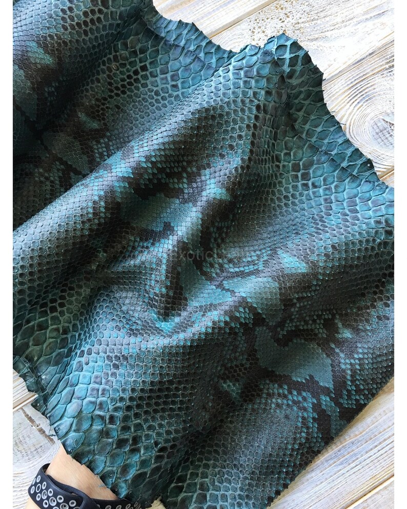 Peut inclure: Gros plan sur du cuir de python bleu sarcelle et noir. Le cuir pr&eacute;sente un motif d'&eacute;cailles et est pli&eacute;, r&eacute;v&eacute;lant l'envers. La couleur est un m&eacute;lange de bleu sarcelle et de noir, avec une finition brillante. Le cuir est probablement utilis&eacute; pour les accessoires de mode.