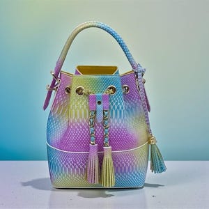 Könnte beinhalten: Ein farbenfroher Eimerbeutel mit einem Regenbogen-Schlangenmuster. Die Tasche hat einen oberen Griff, goldfarbene Hardware und dekorative Quasten. Die Farben der Tasche sind Gelb, Grün, Blau, Lila und Rosa.