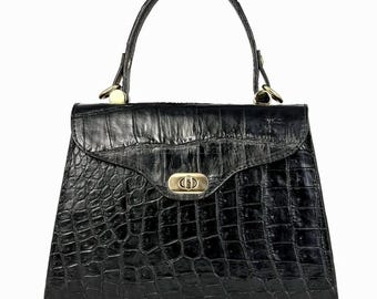 Black Alligator Top Handle Bag : Handmade Alligator Skin Purse | Genuine Exotic Leather Handbags