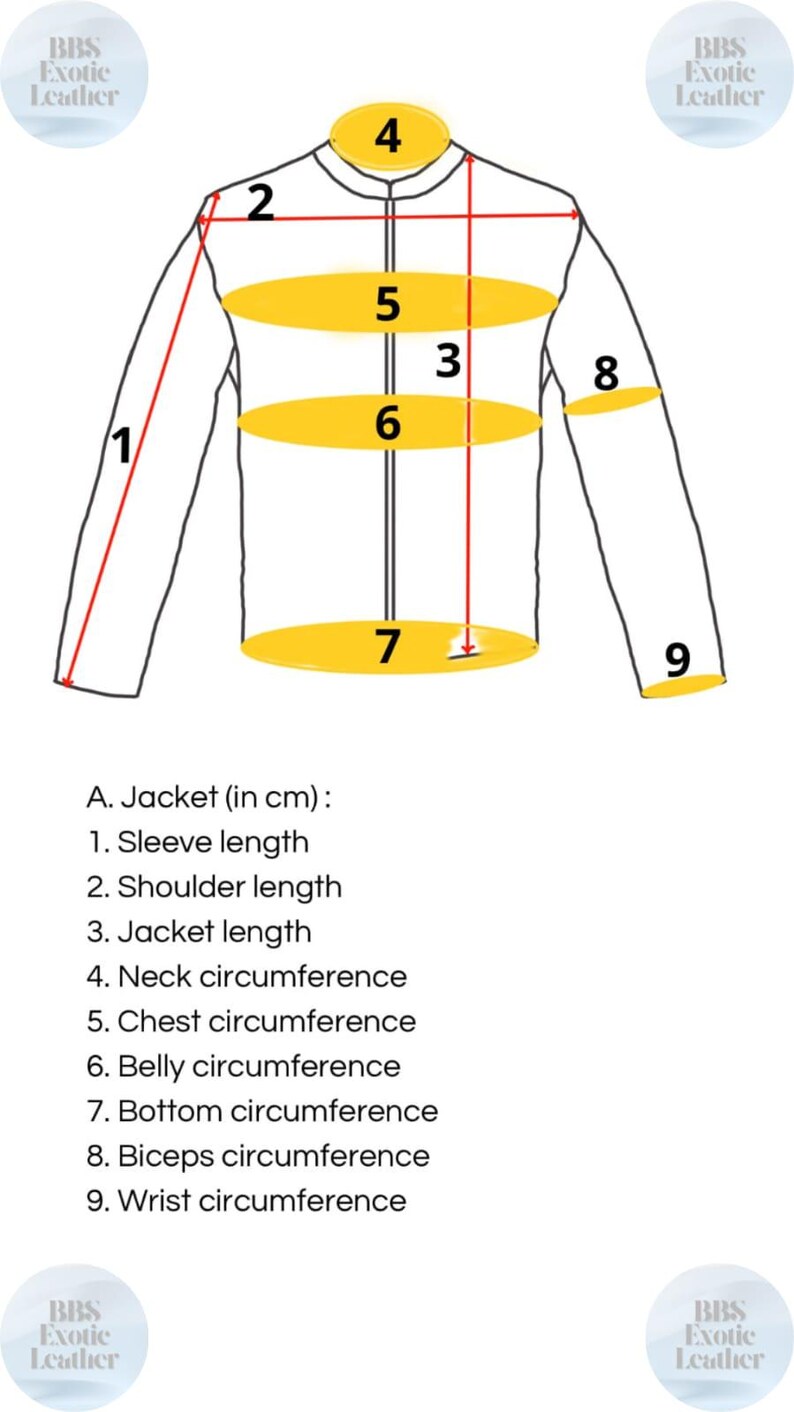 May include: Diagram of a jacket with measurements in centimeters. The diagram shows the sleeve length, shoulder length, jacket length, neck circumference, chest circumference, belly circumference, bottom circumference, biceps circumference, and wrist circumference.