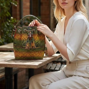May include: A green, yellow, and brown patterned bucket bag with a top handle and decorative tassels. The bag features a drawstring closure and silver-toned hardware. The bag is made of a textured material and is sitting on a wooden table.