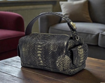 Black Python Top Handle Bag : Handmade Python Skin Purse | Genuine Exotic Leather Handbags