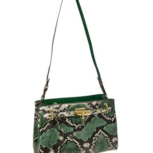 May include: A green and brown snakeskin-effect handbag with gold-tone hardware and a long, green strap. The bag features a structured design and a gold clasp. The interior is green.