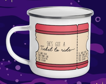 Retro Train Ticket Mug | Penny Lane to Abbey Road Enamel camping mug