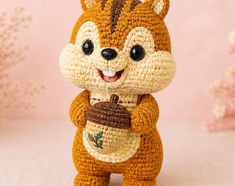 Amigurumi de ardilla alegre, juguete de peluche de ardilla hecho a mano a crochet, amigurumi de animal lindo, criatura del bosque de madera, ardilla de peluche, suave