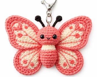 Llavero de mariposa de ganchillo | Colgante para bolso de amigurumi hecho a mano | Lindo juguete de mariposa rosa coral, regalo transformable, accesorio original para mochila