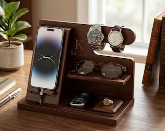 Personalized Wood Docking Station for Men, Phone Wallet Watch Organizer, Gift for Husband, Father’s Day Gift for Dad