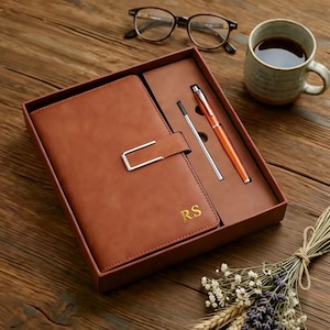 Personalized A5 Vegan Leather Journal Set with Pen, Custom Name Stationery Gift