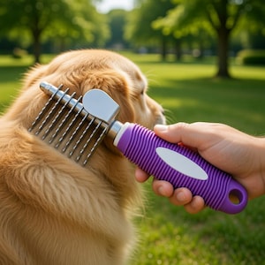 May include: A dog grooming tool with a purple handle and silver comb is used on a golden retriever. The handle has a white oval insert. The dog is outdoors on a grassy lawn with trees in the background.
