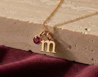 Collana con iniziale in argento sterling 925K con pietra portafortuna / Delicato ciondolo con lettera / Ciondolo personalizzato / Targhetta regalo personalizzata