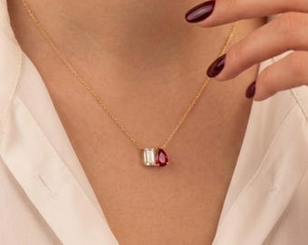Collana Toi Et Moi / Collana personalizzata con doppia pietra portafortuna / Gioielli con pietre portafortuna per coppie / Ciondolo del mese di nascita / Collana personalizzata con pietre preziose