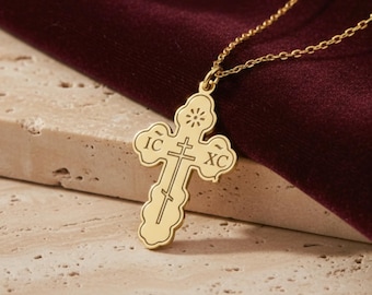 Collana con piccola croce ortodossa in oro 14 carati / Ciondolo con crocifisso IC XC NIKA in argento sterling 925 / Delicato ciondolo ortodosso / Gioiello regalo greco