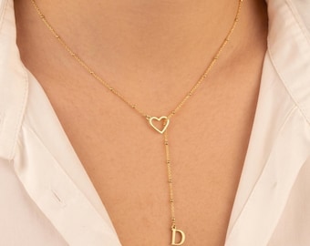 Collana a lariat con iniziale a forma di cuore in argento / Collana Y personalizzata / Collana con lettera personalizzata / Ciondolo iniziale a goccia / Gioielli delicati a forma di Y