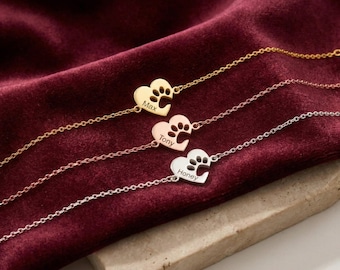 Braccialetto personalizzato con nome per animali domestici / Braccialetto a forma di cuore con impronta di zampa / Braccialetto con nome per cani e gatti / Gioielli personalizzati per animali domestici / Braccialetto commemorativo per animali domestici / Braccialetto con impronta di zampa incisa