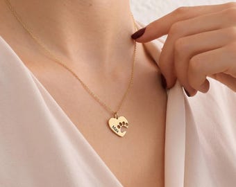 Collana personalizzata con nome per animali domestici / Collana con cuore e zampa / Collana con nome per cani e gatti / Gioielli personalizzati per animali domestici / Regalo commemorativo per animali domestici / Ciondolo con zampa incisa