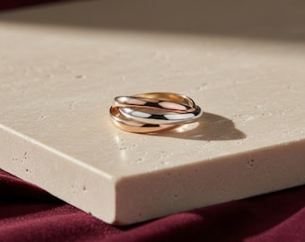 Anello triplo rotante in argento sterling 925 / Fascia intrecciata tricolore / Anello girevole anti-ansia / Anello anti-stress in oro