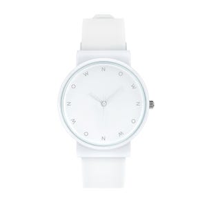 May include: A minimalist white wristwatch with a round face and a white silicone strap. The watch face features the letters "W", "N", and "M" in a circular pattern. The watch has silver hands and a silver crown.