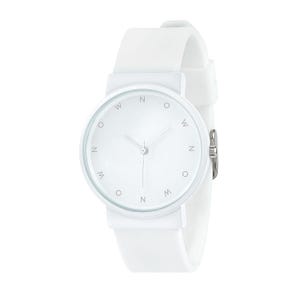 May include: A white wristwatch with a minimalist design. The watch has a round face with the letters "N", "W", and "O" in place of numbers. It has a white strap and a silver clasp.