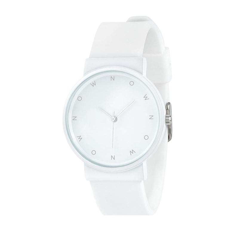 May include: A white wristwatch with a minimalist design. The watch has a round face with the letters "N", "W", and "O" in place of numbers. It has a white strap and a silver clasp.