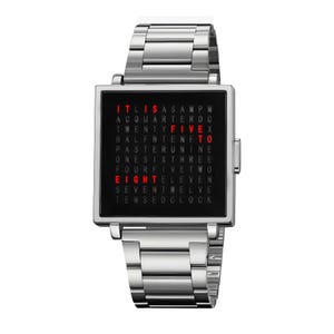 May include: A modern, square-faced wristwatch with a stainless steel band. The watch face displays the time using words in a matrix, with the word "FIVE" and "EIGHT" highlighted in red. The watch is a stylish accessory.