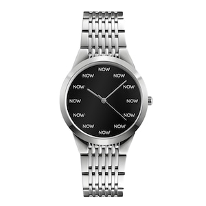 May include: A silver wristwatch with a black watch face. The watch face has the word "NOW" in white text at each hour marker. The watch has a silver band and a silver case.